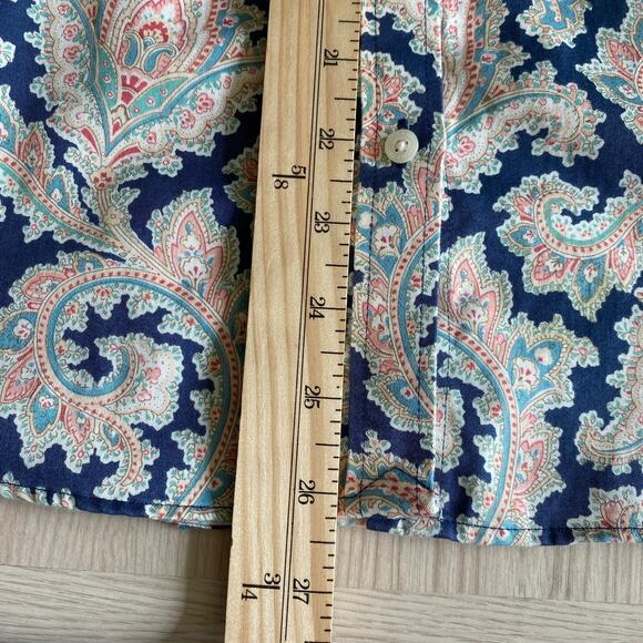 Chaps No Iron Paisley Button Up Shirt Women L Blue Long Sleeve Flip Cuffs Preppy - Picture 8 of 9